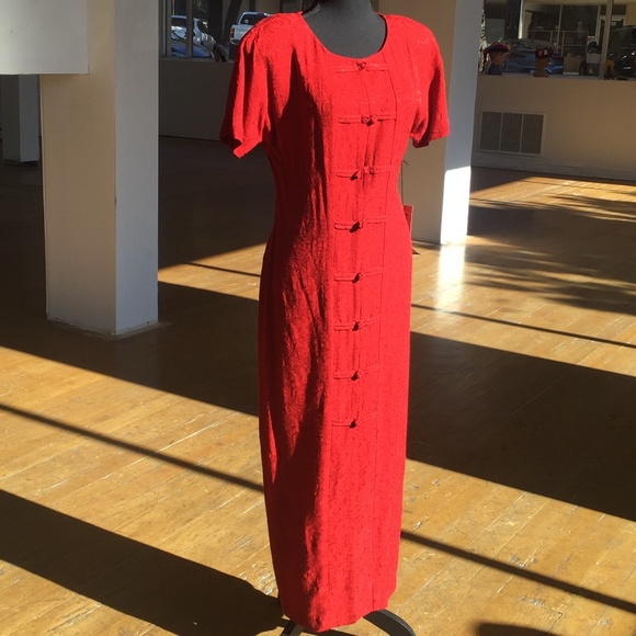 Carole Little long/maxi red Asian style short sleeve button front dress - Picture 2 of 8